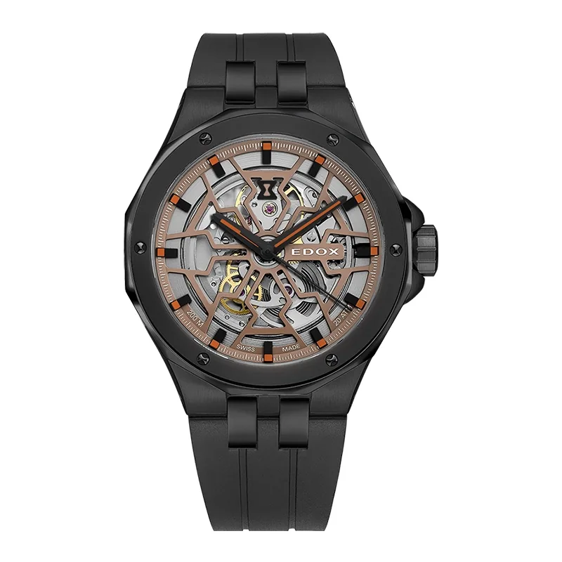 Reloj Edox análogo, para Hombre, tablero redondo colores plateado y rojo, estilo index, pulso silicona color negro