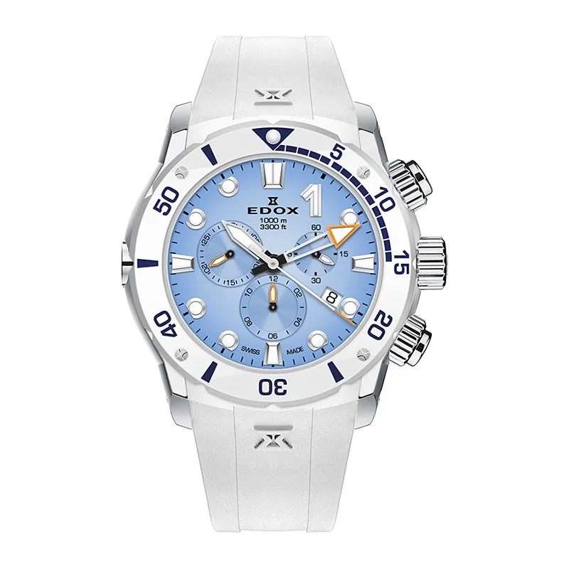 Reloj Edox análogo, para Hombre, tablero redondo color azul, estilo index + arábigo, pulso silicona color blanco, calendario, cronografo