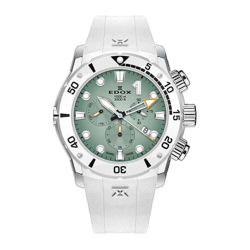 Reloj Edox análogo, para Hombre, tablero redondo color verde, estilo index + arábigo, pulso silicona color blanco, calendario, cronografo