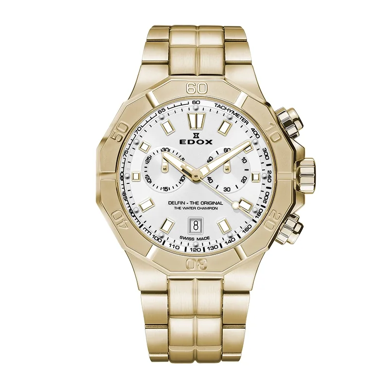 Reloj Edox análogo, para Hombre, tablero redondo colores plateado y dorado, estilo index, pulso acero color dorado, calendario, cronografo