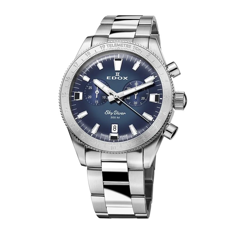 Reloj Edox análogo, para Hombre, tablero redondo color azul, estilo index, pulso acero color plateado, calendario, cronografo