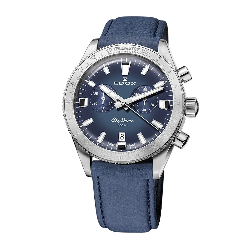 Reloj Edox análogo, para Hombre, tablero redondo color azul, estilo index, pulso acero color plateado, calendario, cronografo