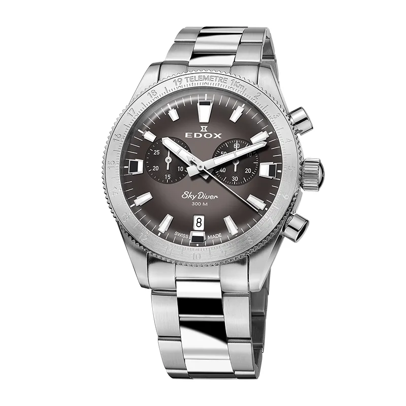 Reloj Edox análogo, para Hombre, tablero redondo colores gris y negro, estilo index, pulso acero color plateado, calendario, cronografo