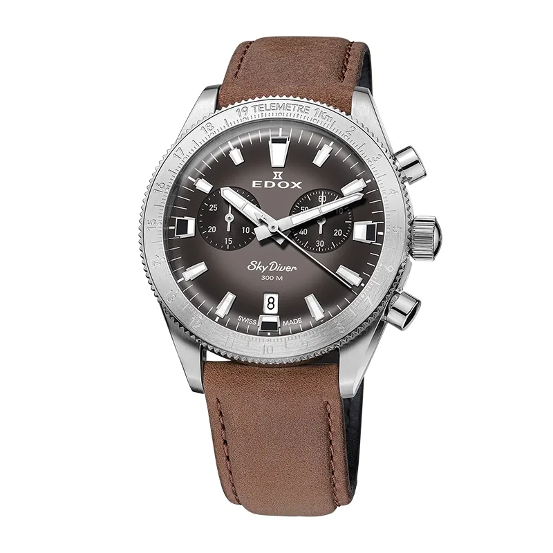 Reloj Edox análogo, para Hombre, tablero redondo colores gris y negro, estilo index, pulso acero color plateado, calendario, cronografo