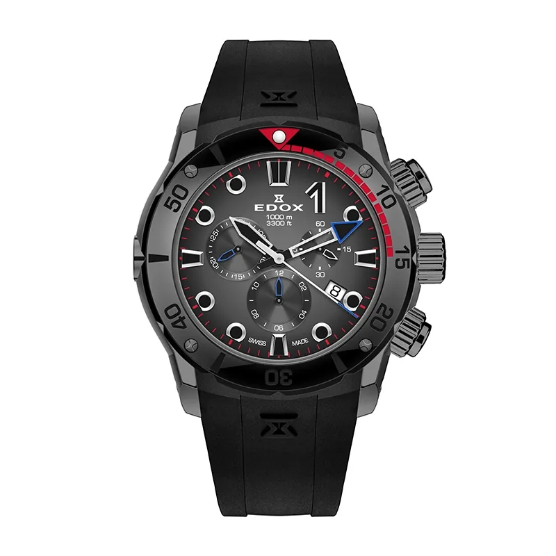 Reloj Edox análogo, para Hombre, tablero redondo colores gris y negro, estilo index + puntos, pulso silicona color negro, calendario, cronografo