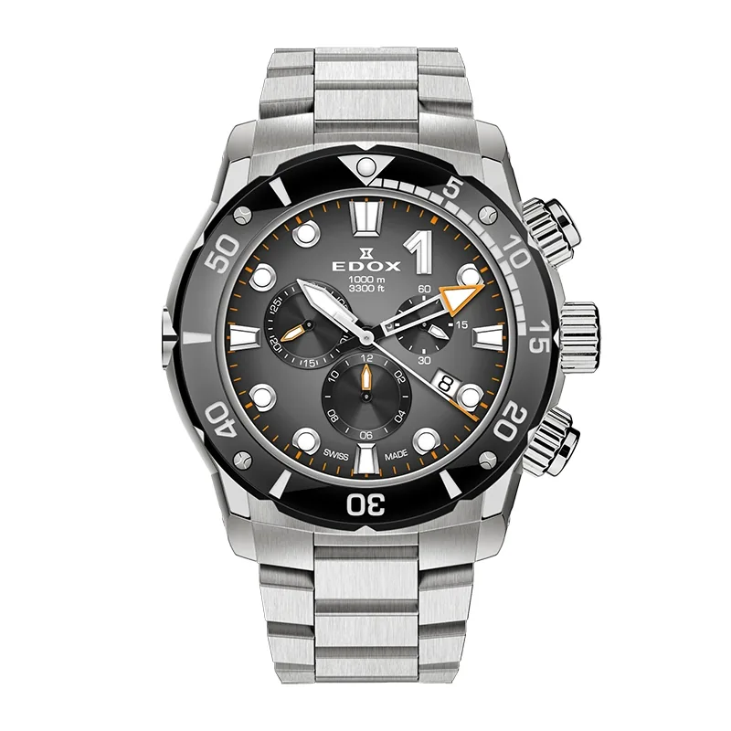 Reloj Edox análogo, para Hombre, tablero redondo colores gris y negro, estilo index + puntos, pulso titanium color plateado, calendario, cronografo