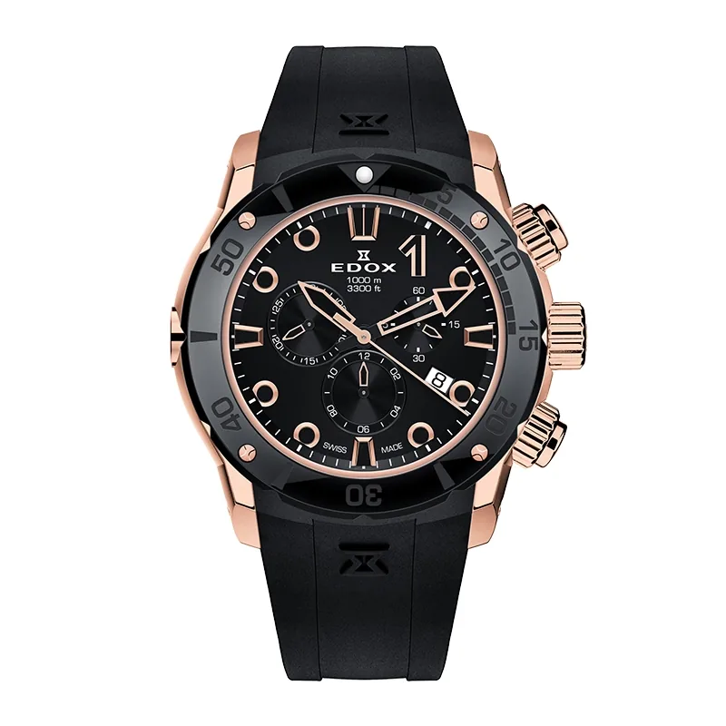 Reloj Edox análogo, para Hombre, tablero redondo colores negro y rosa, estilo index + puntos, pulso silicona color negro, calendario, cronografo
