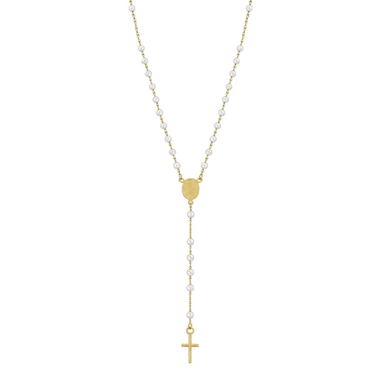Camándula en oro amarillo de 18 Kilates, Camándula, con perlas de 3 mm de ancho aprox, 50 cm. de largo, 1 mm. de ancho