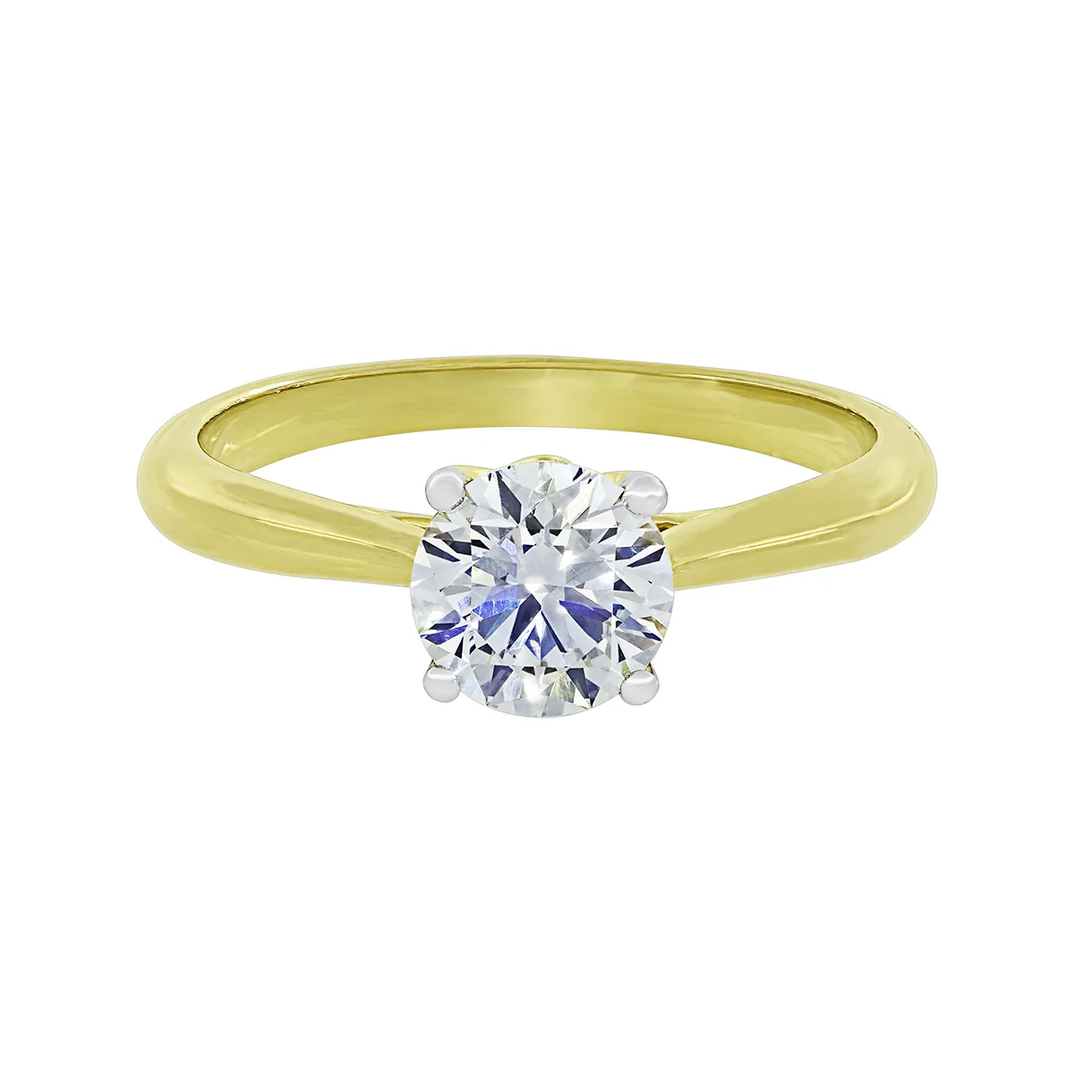 Anillo de compromiso solitario uñas, con diamante de laboratorio central redondo IGI de 1.00ct, oro tono amarillo 18k