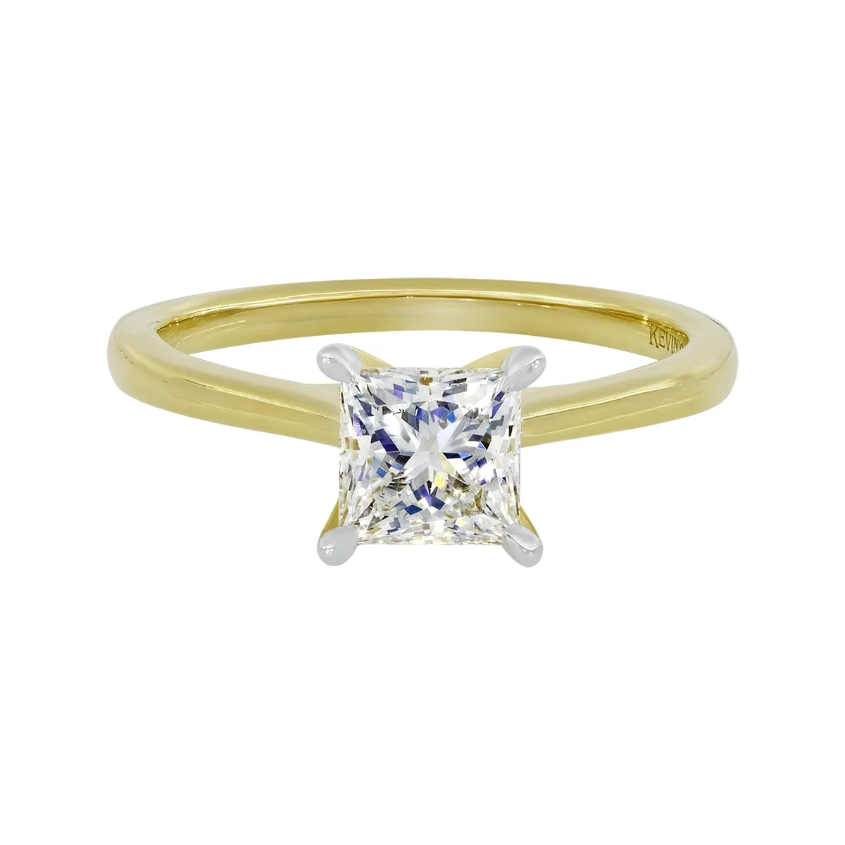 Anillo de compromiso solitario uñas, con diamante de laboratorio central princess IGI de 1.00ct, oro tono amarillo 18k, rodinado
