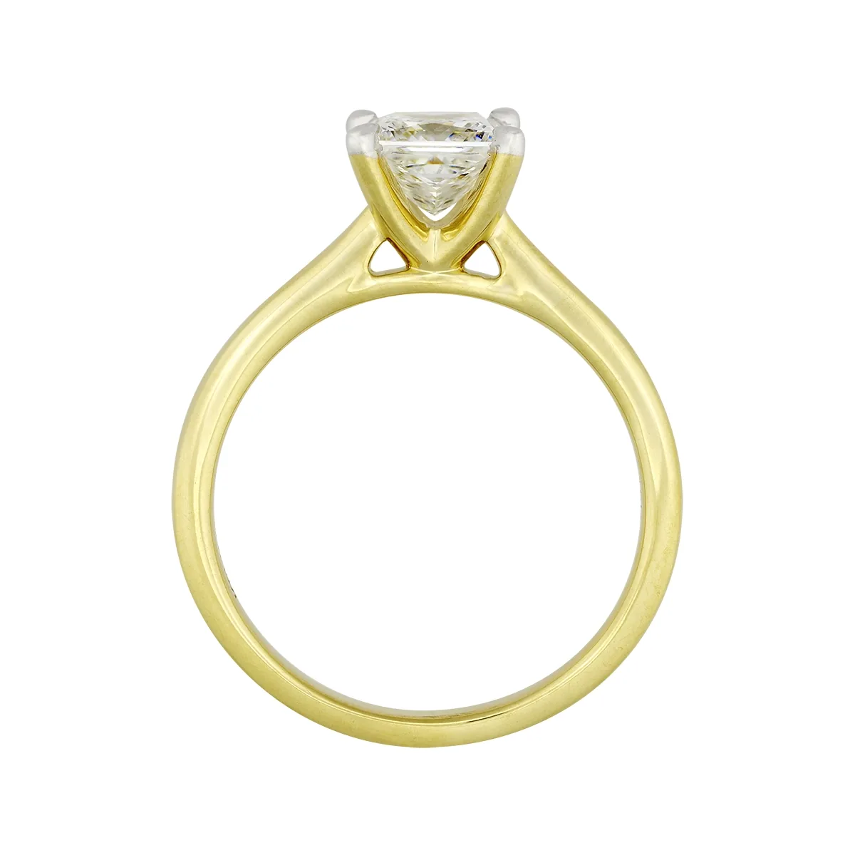 Anillo de compromiso solitario uñas, con diamante de laboratorio central princess IGI de 1.00ct, oro tono amarillo 18k, rodinado