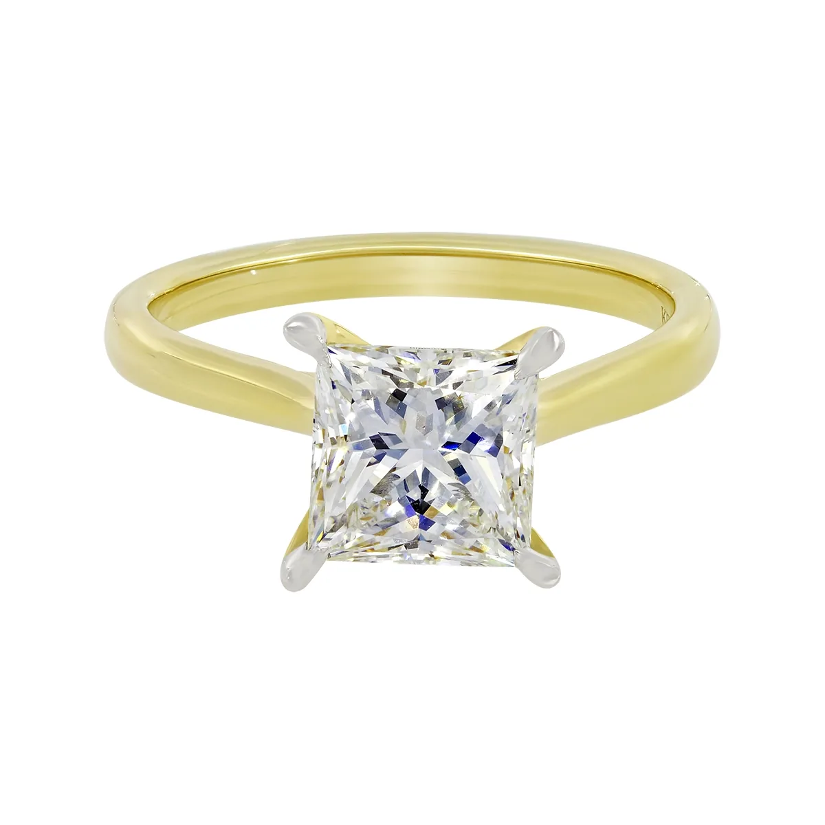 Anillo de compromiso solitario uñas, con diamante de laboratorio central princess IGI de 2.00ct, oro 2 tonos 18k, rodinado