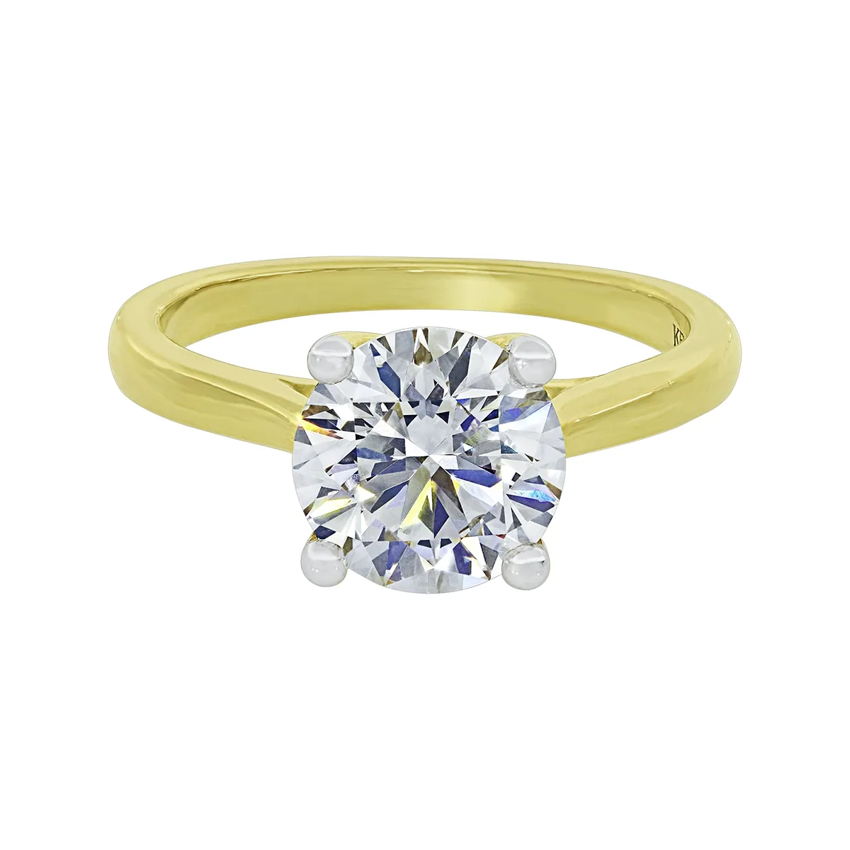 Anillo de compromiso solitario uñas, con diamante de laboratorio central redondo IGI de 2.00ct, oro tono amarillo 18k, rodinado
