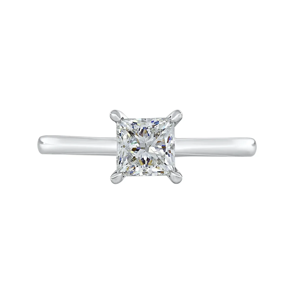 Anillo de compromiso solitario uñas, con diamante de laboratorio central princess IGI de 1.00ct, oro tono blanco 18k, rodinado