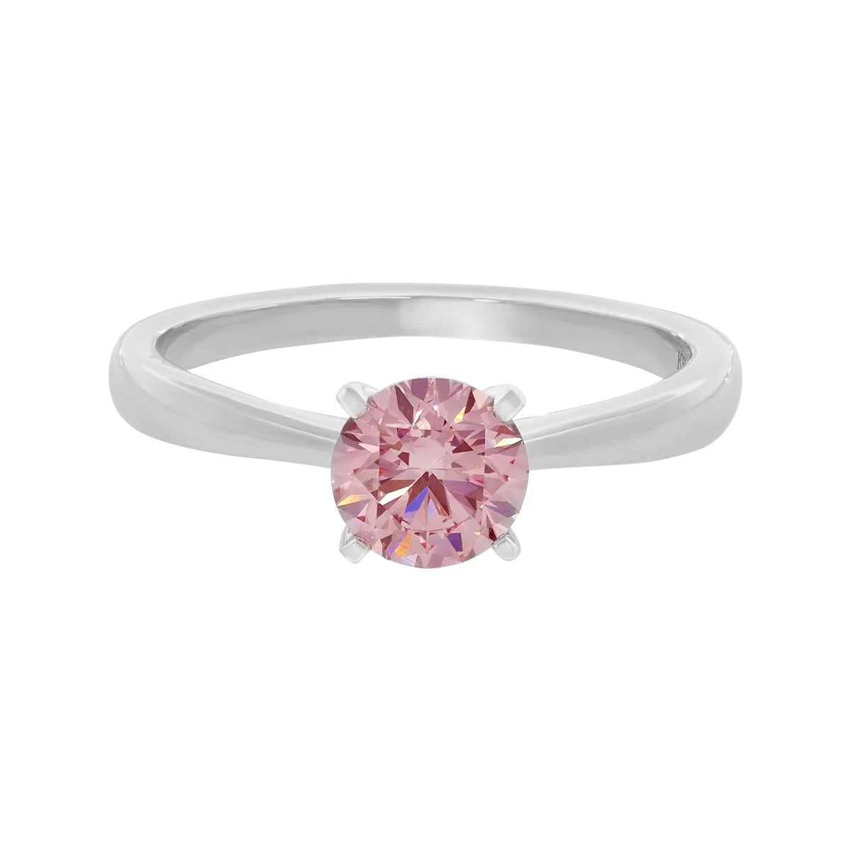 Anillo de compromiso solitario uñas, con diamante rosado de laboratorio central redondo IGI de 1.00ct, oro tono blanco 18k, rodinado