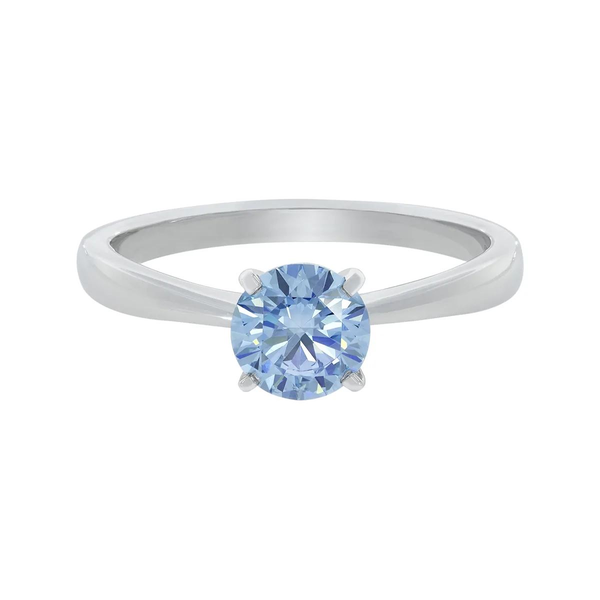 Anillo de compromiso solitario uñas, con diamante azul de laboratorio central redondo IGI de 1.00ct, oro tono blanco 18k, rodinado