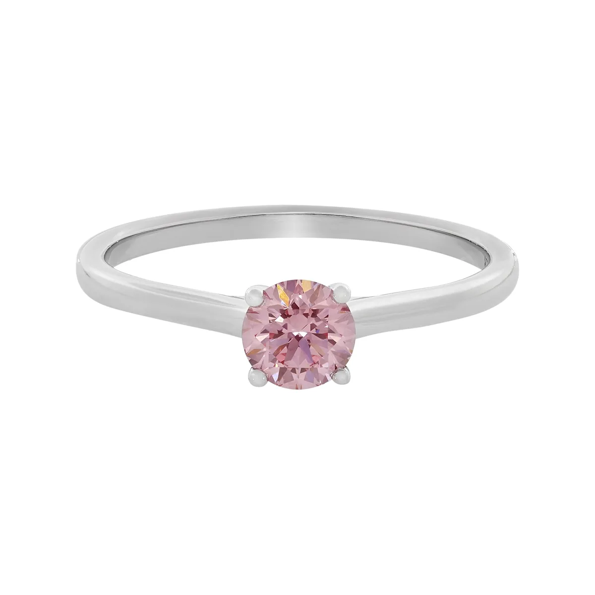 Anillo de compromiso solitario uñas, con diamante rosado de laboratorio central redondo IGI de 0.50ct, oro tono blanco 18k, rodinado