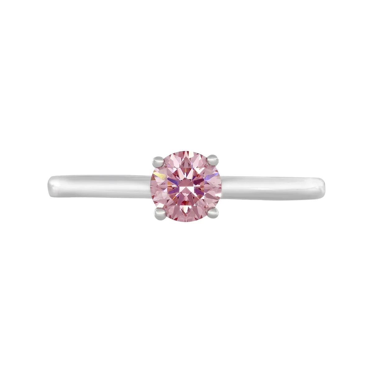 Anillo de compromiso solitario uñas, con diamante rosado de laboratorio central redondo IGI de 0.50ct, oro tono blanco 18k, rodinado