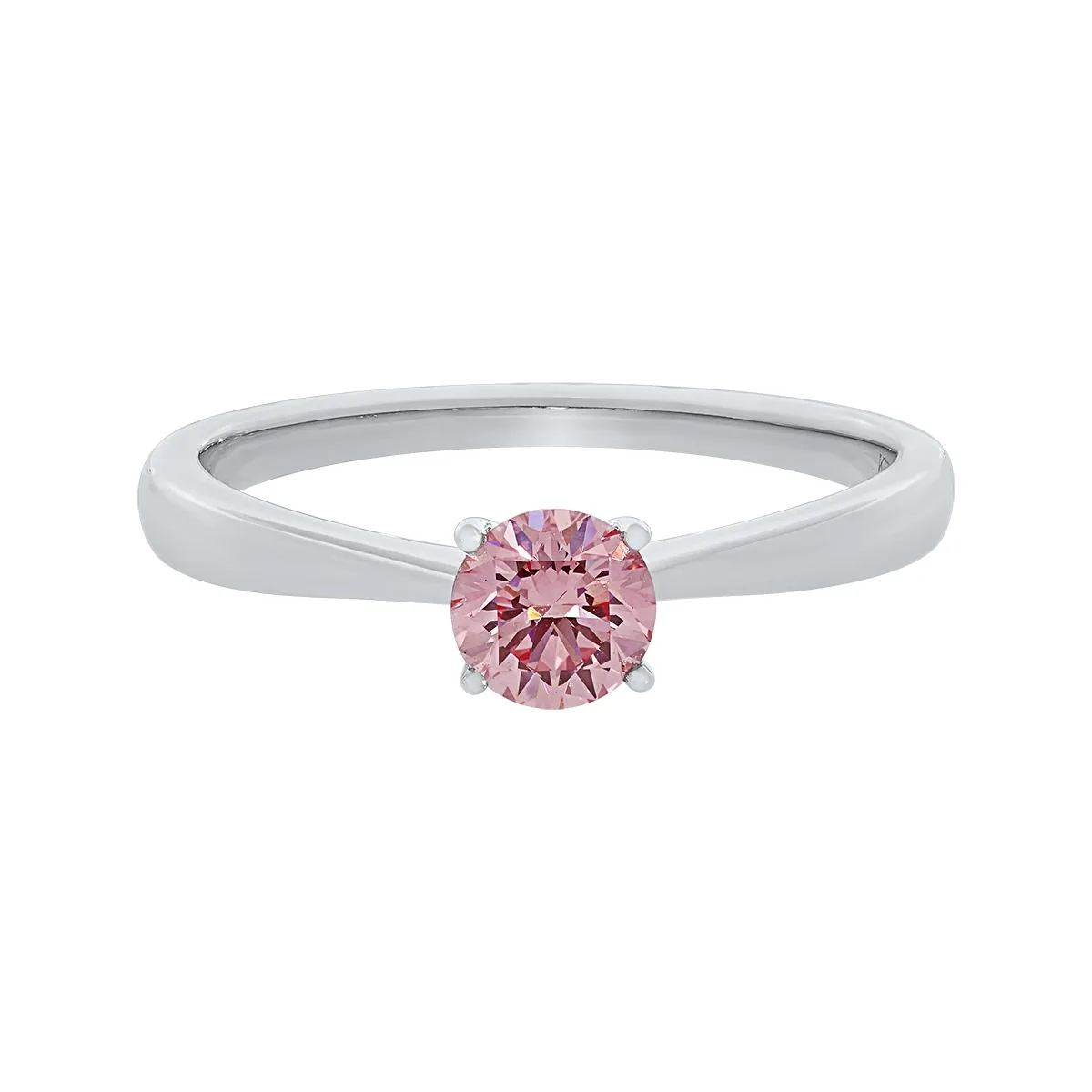 Anillo de compromiso solitario uñas, con diamante rosado de laboratorio central redondo IGI de 0.50ct, oro tono blanco 18k, rodinado