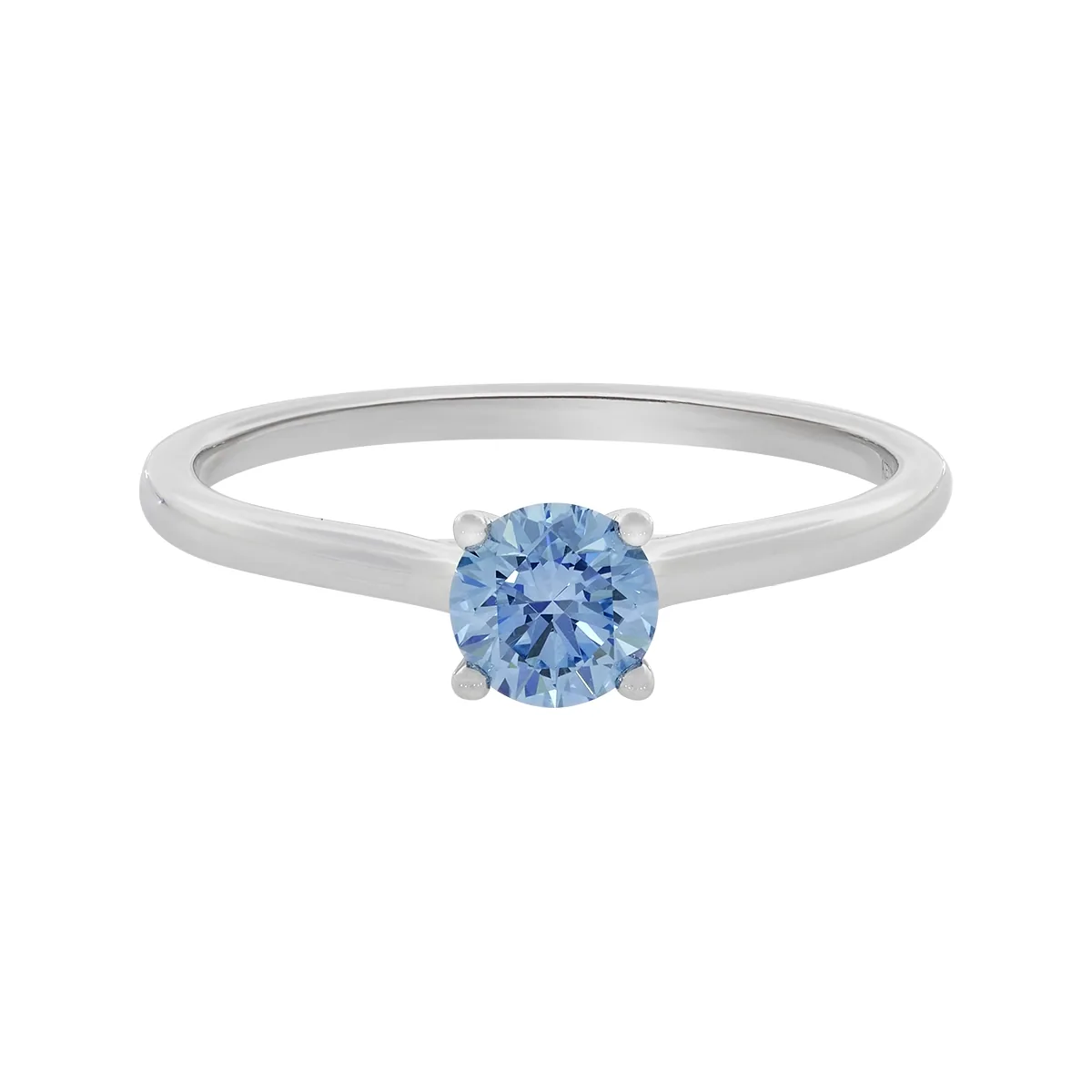 Anillo de compromiso solitario uñas, con diamante azul de laboratorio central redondo IGI de 0.50ct, oro tono blanco 18k, rodinado