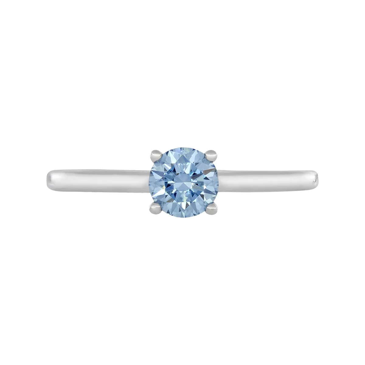 Anillo de compromiso solitario uñas, con diamante azul de laboratorio central redondo IGI de 0.50ct, oro tono blanco 18k, rodinado