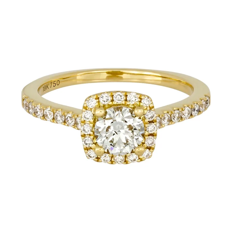 Anillo de compromiso halo redondo, con diamante central redondo GIA de 0.50ct y decoración en diamantes, oro tono amarillo 18k