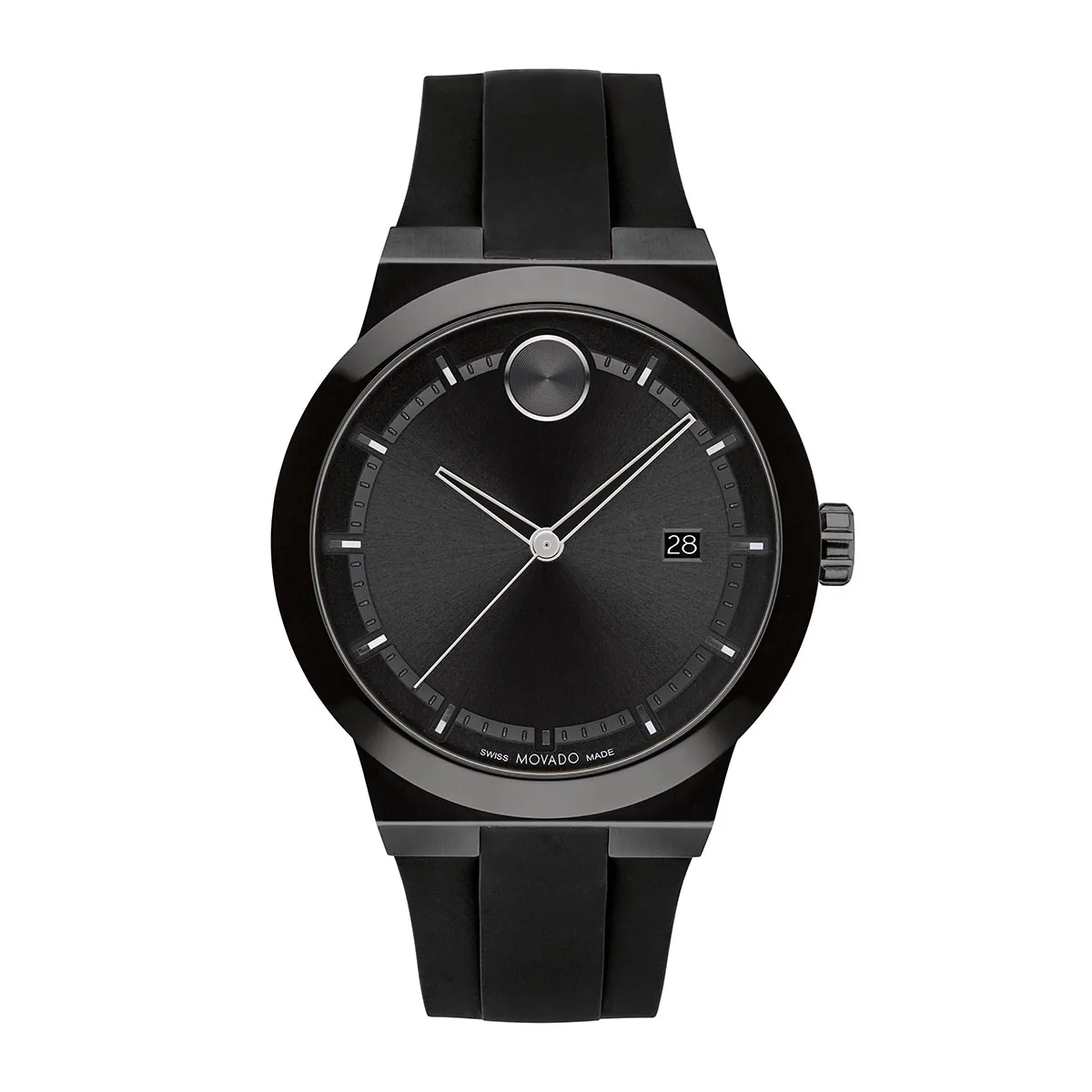 Reloj Movado análogo, para Hombre, tablero redondo color negro, estilo index, pulso silicona color negro, calendario
