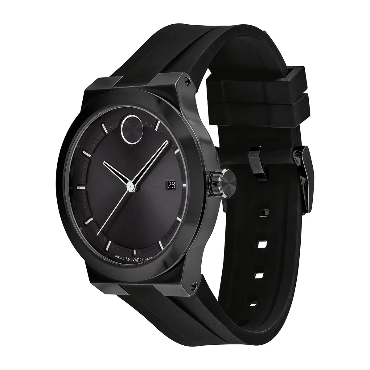 Reloj Movado análogo, para Hombre, tablero redondo color negro, estilo index, pulso silicona color negro, calendario
