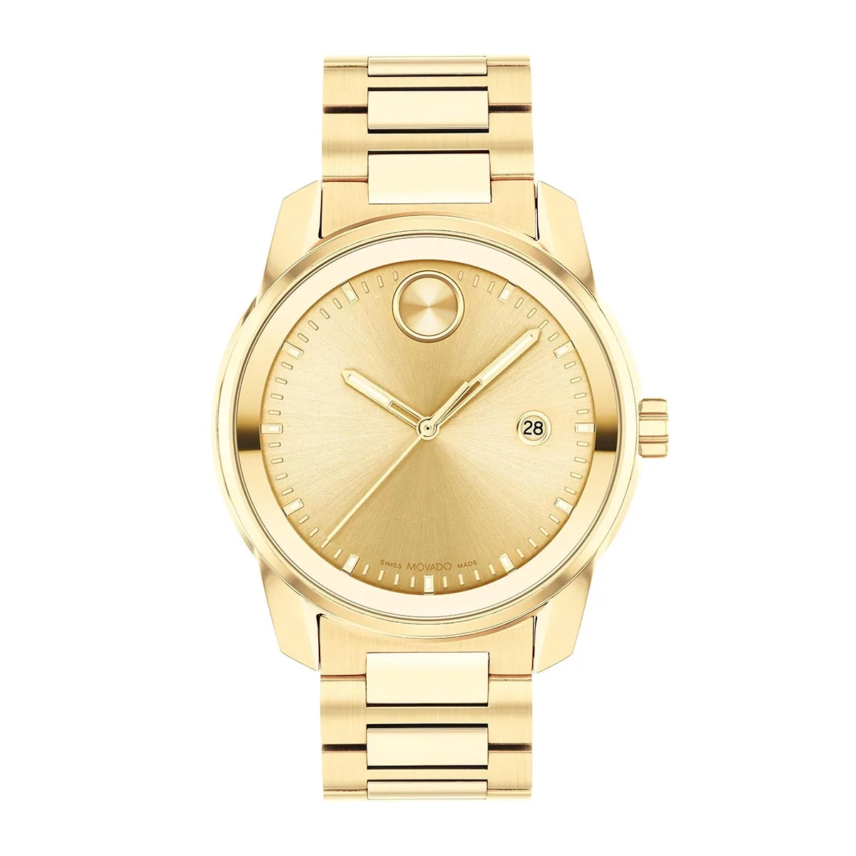 Reloj Movado análogo, para Hombre, tablero redondo color dorado, estilo index, pulso acero color dorado, calendario