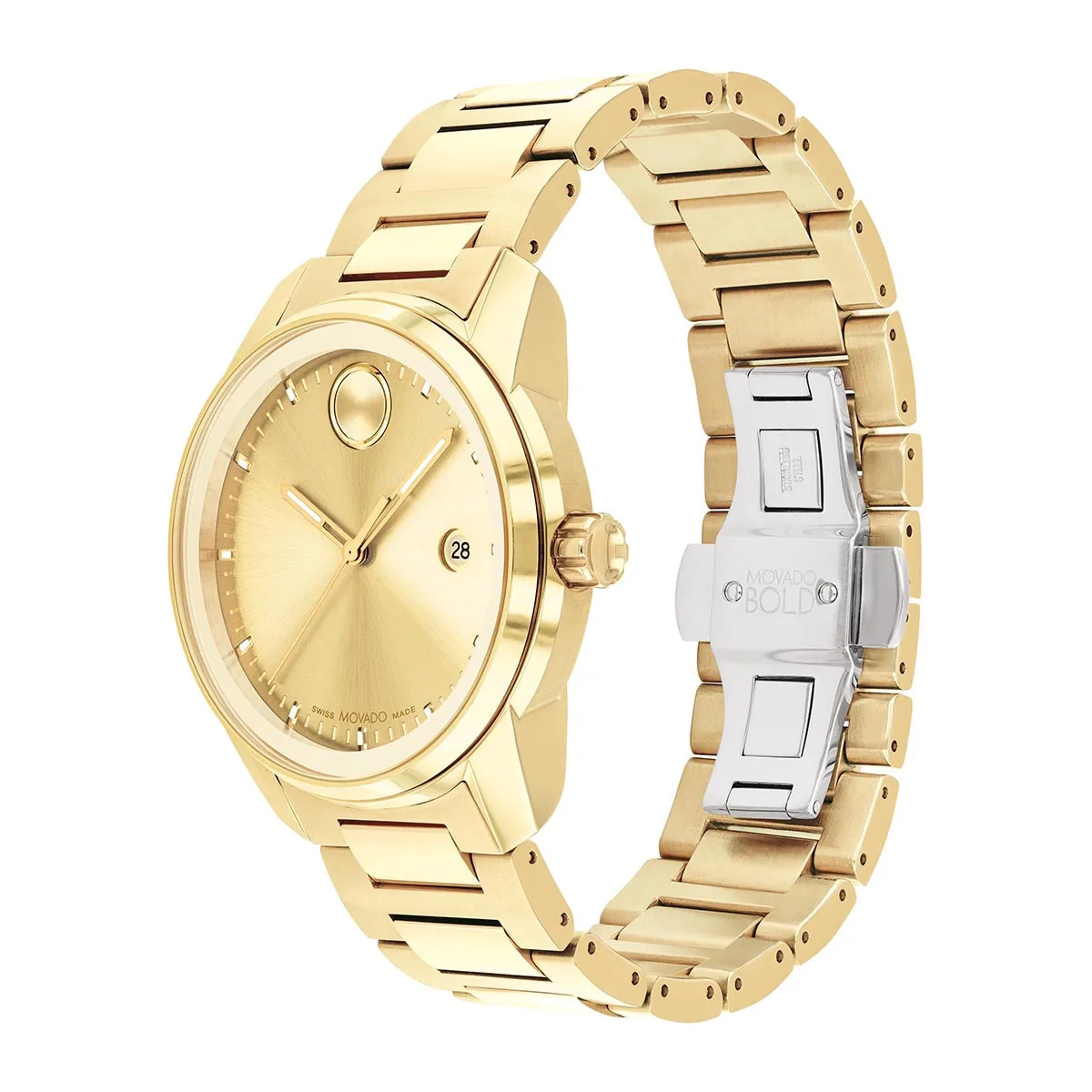 Reloj Movado análogo, para Hombre, tablero redondo color dorado, estilo index, pulso acero color dorado, calendario