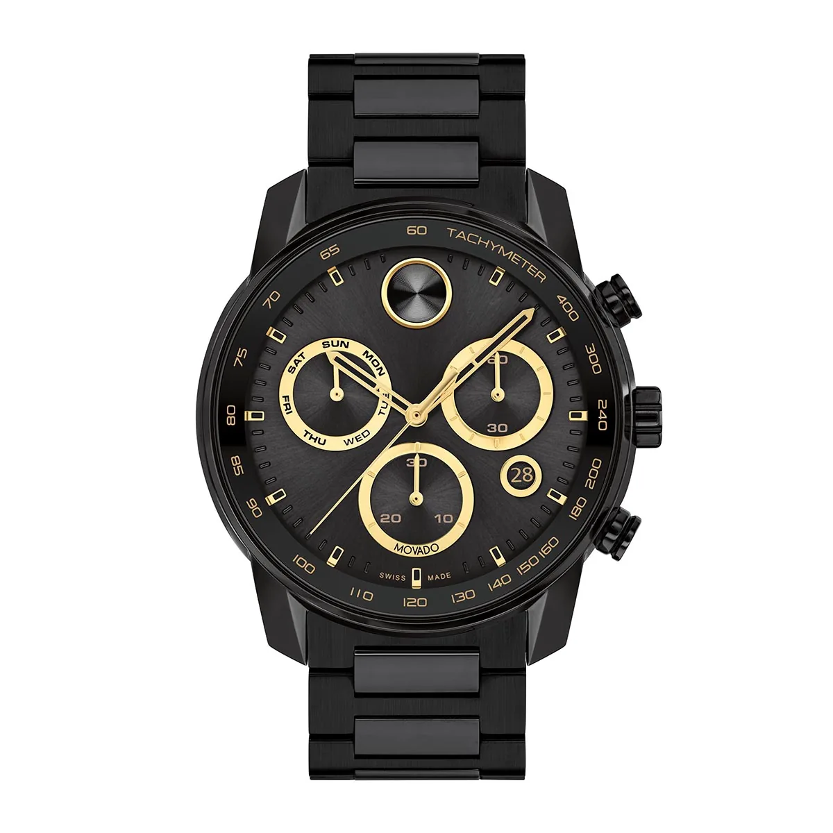 Reloj Movado análogo, para Hombre, tablero redondo colores negro y dorado, estilo index, pulso acero color negro, calendario, cronografo