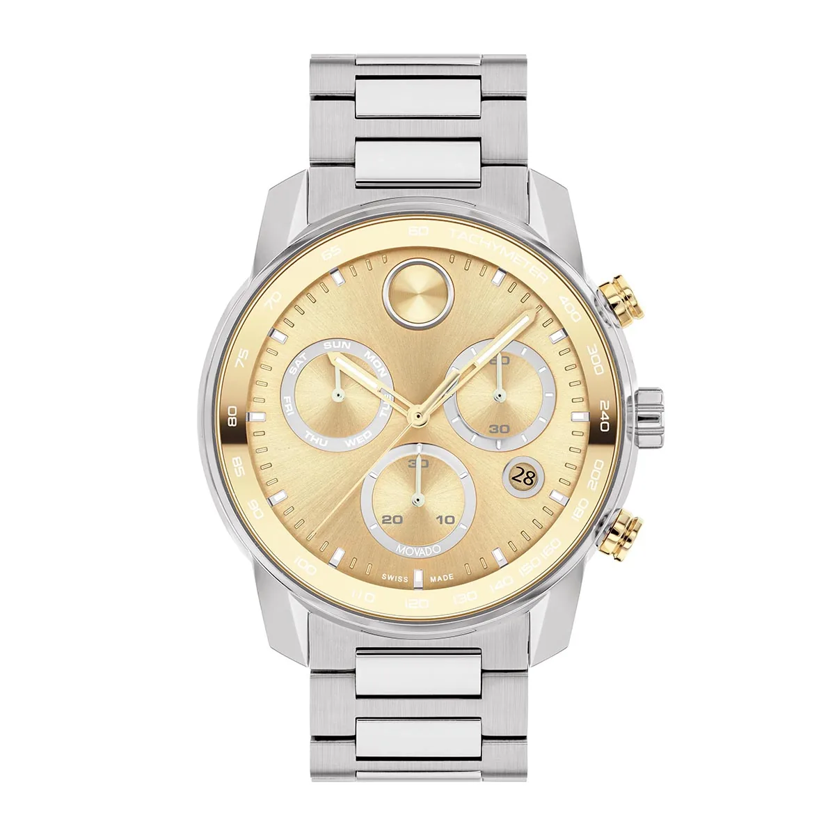 Reloj Movado análogo, para Hombre, tablero redondo colores dorado y plateado, estilo index, pulso acero color plateado, calendario, cronografo