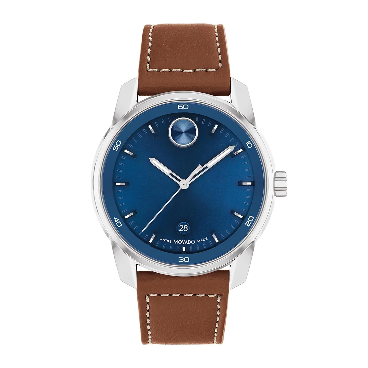 Reloj Movado analogo, para Hombre, tablero redondo color azul, estilo index, pulso cuero color café, calendario