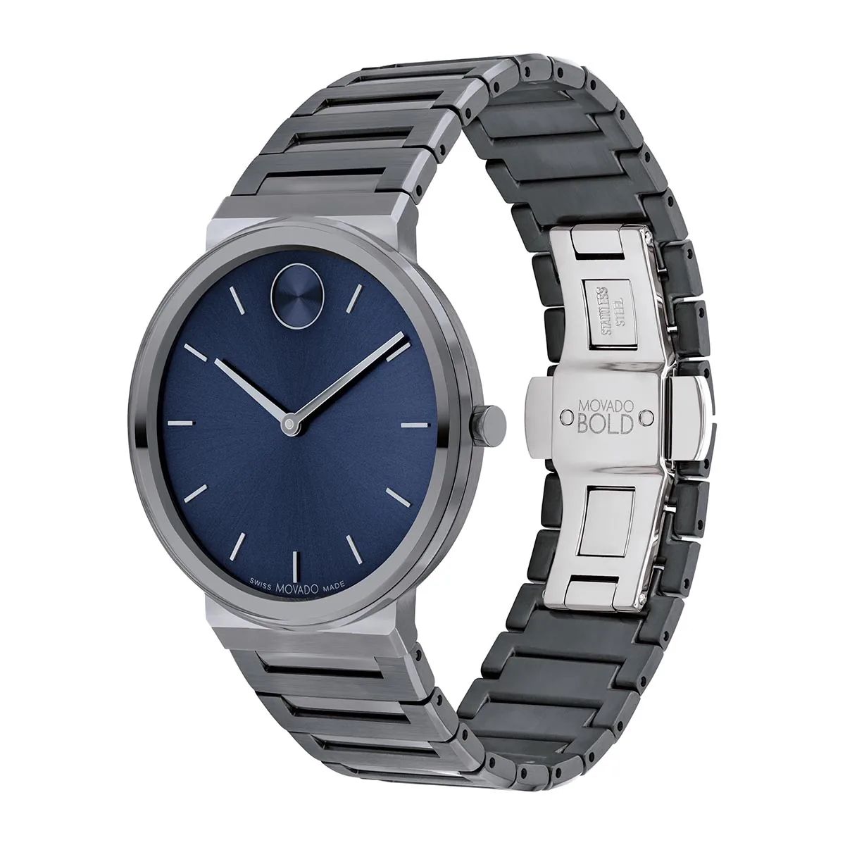 Reloj Movado análogo, para Hombre, tablero redondo color azul, estilo index, pulso acero color gris