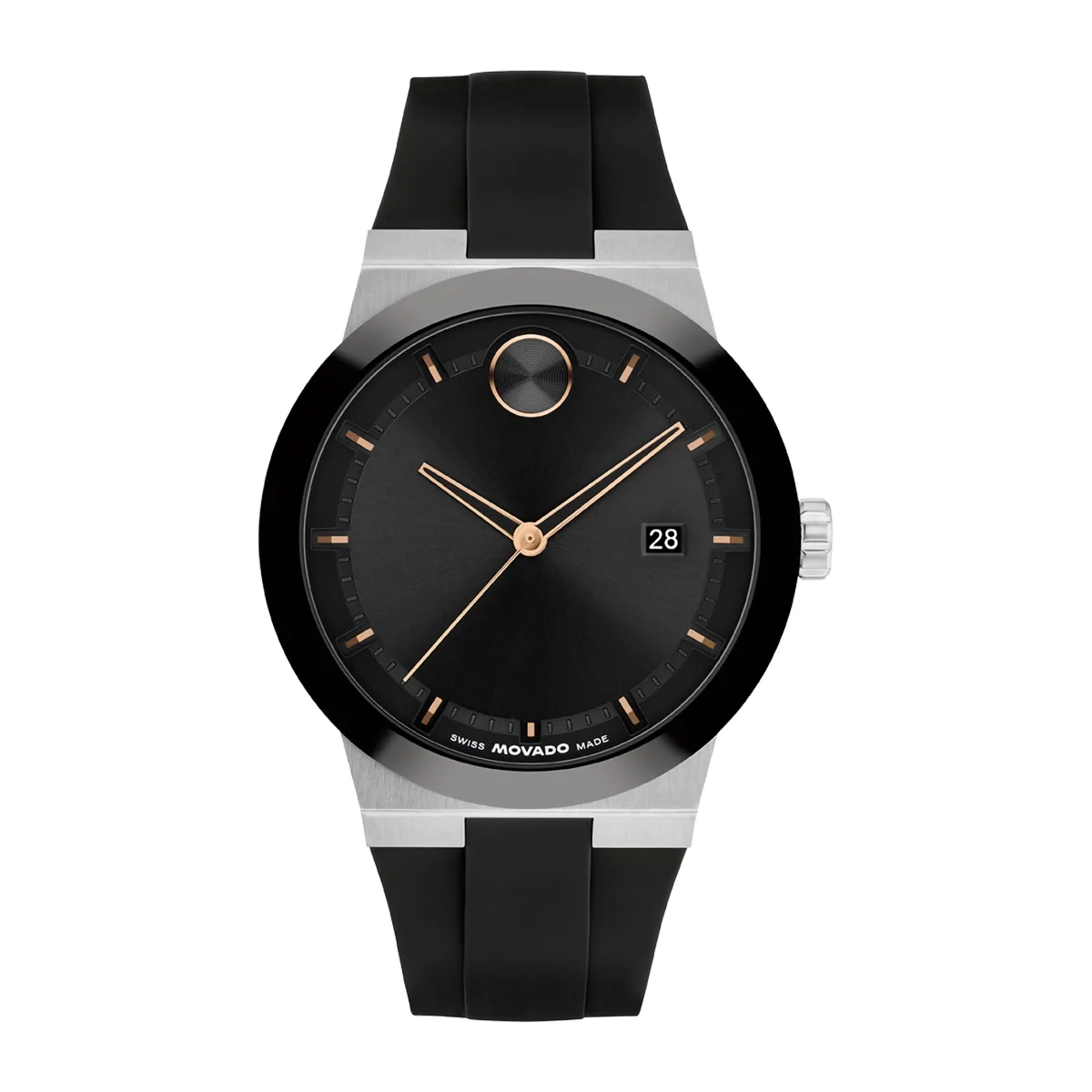 Reloj Movado análogo, para Hombre, tablero redondo color negro, estilo index, pulso silicona color negro, calendario