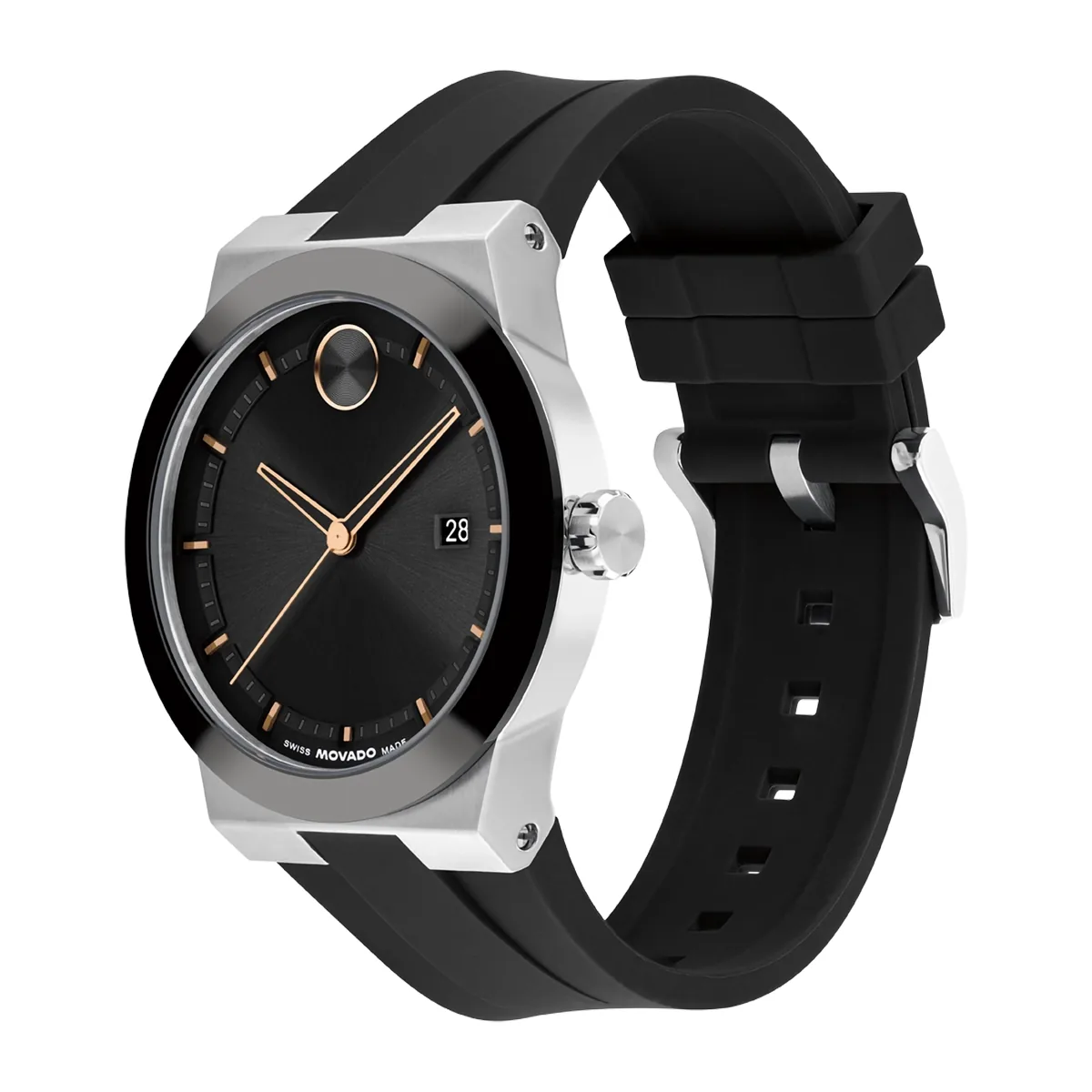 Reloj Movado análogo, para Hombre, tablero redondo color negro, estilo index, pulso silicona color negro, calendario