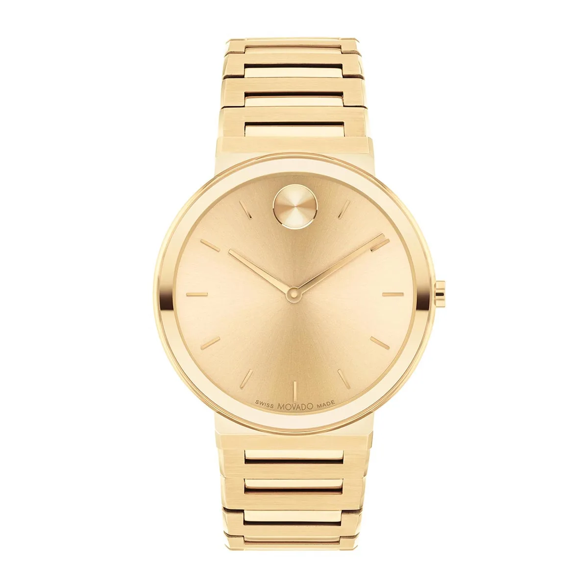 Reloj Movado análogo, para Hombre, tablero redondo color dorado, estilo index, pulso acero color dorado