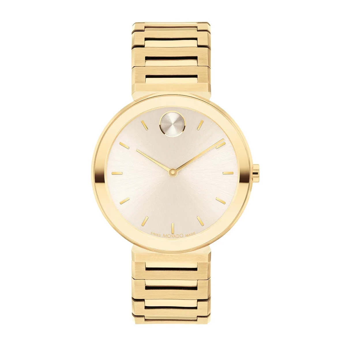Reloj Movado análogo, para Dama, tablero redondo color dorado, estilo index, pulso acero color dorado