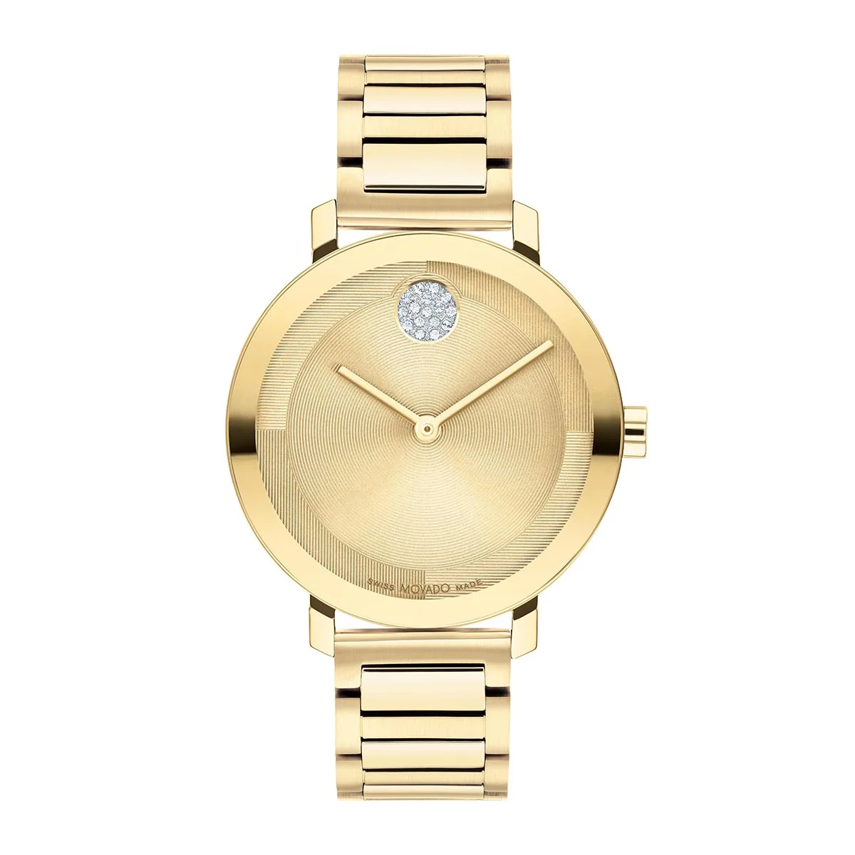 Reloj Movado análogo, para Dama, tablero redondo color dorado, estilo sin números, pulso acero color dorado