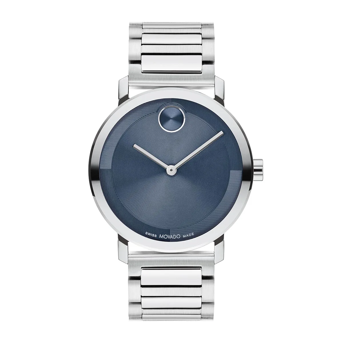 Reloj Movado análogo, para Hombre, tablero redondo colores azul y plateado, estilo sin números, pulso acero color plateado