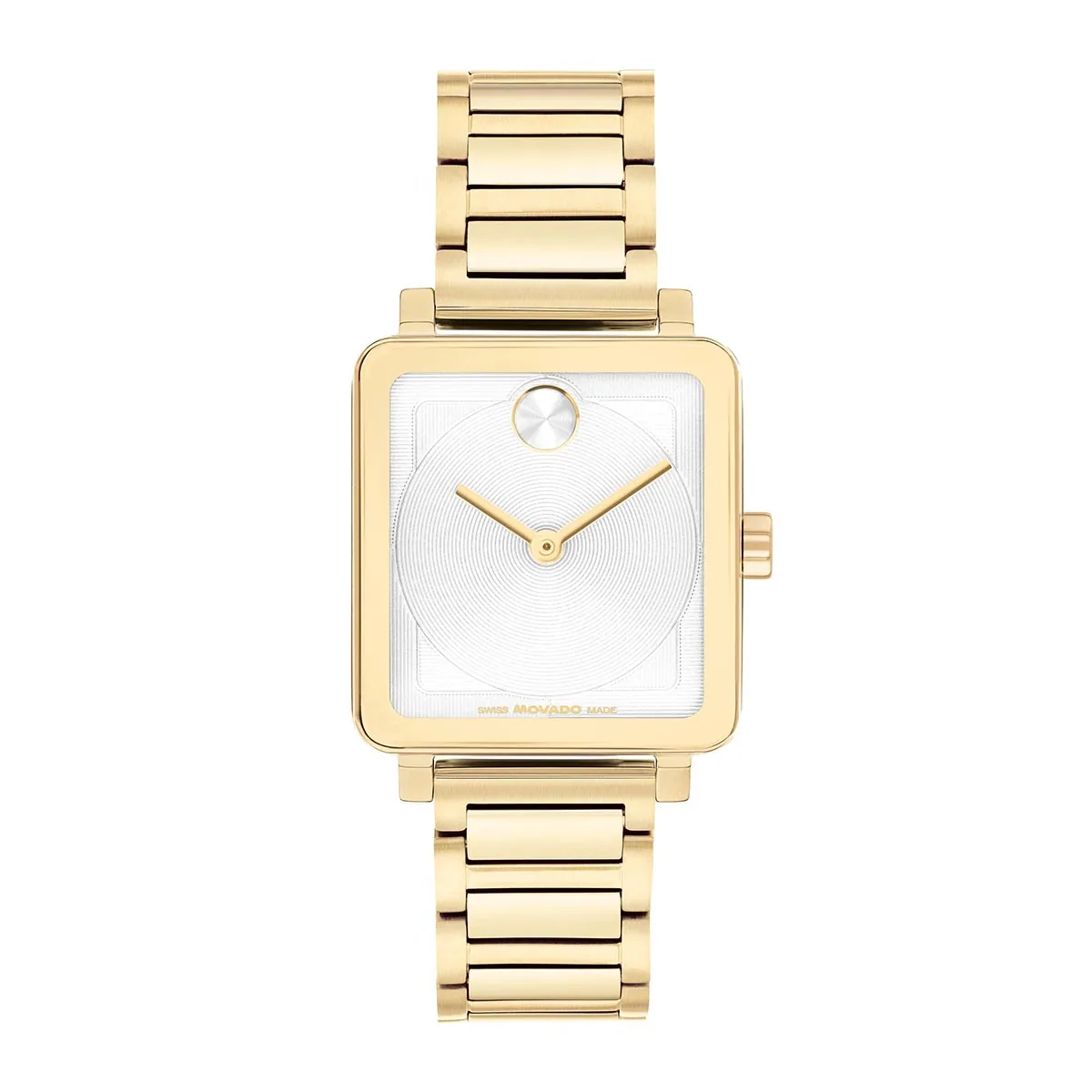 Reloj Movado análogo, para Dama, tablero rectangular colores plateado y dorado, estilo sin números, pulso acero color dorado