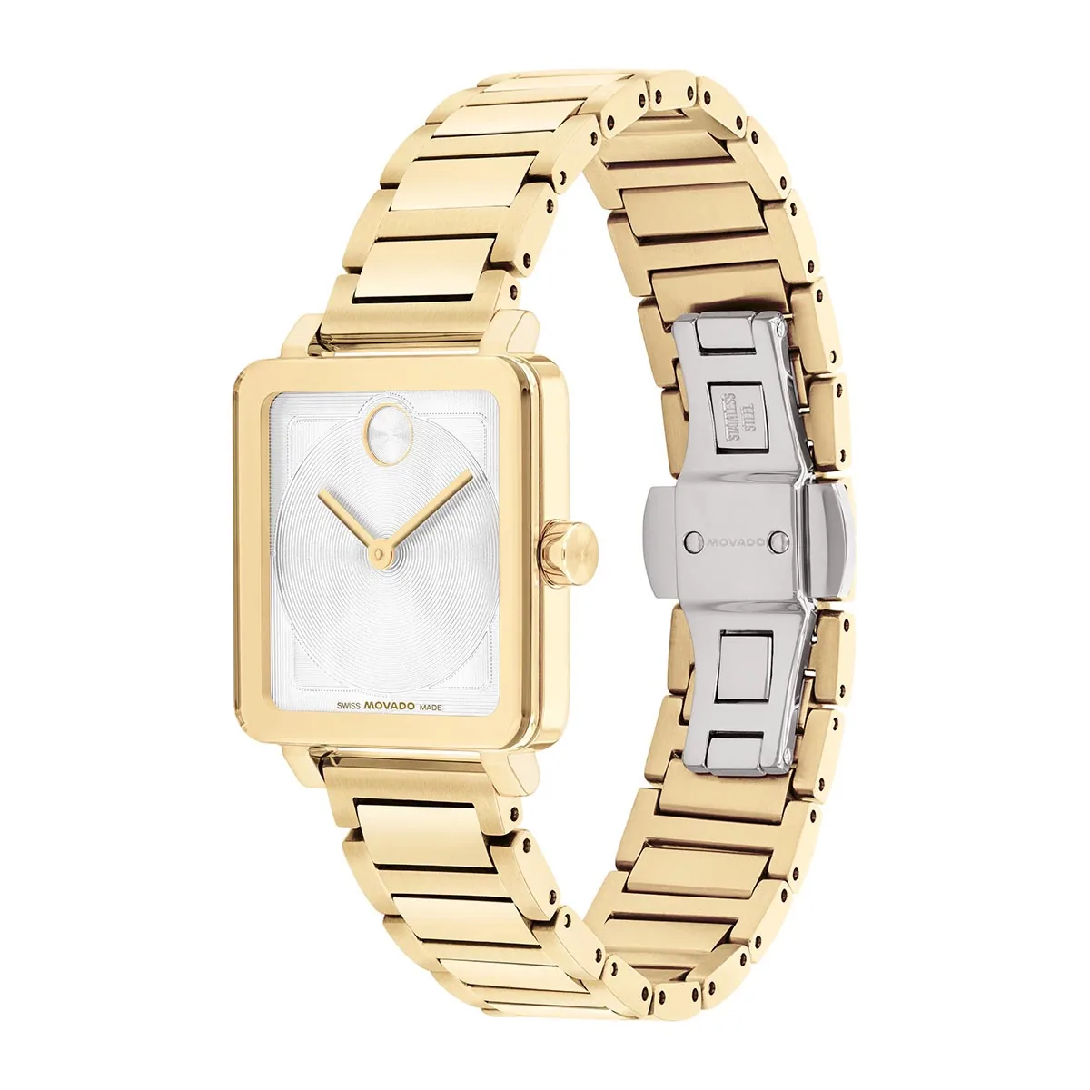 Reloj Movado análogo, para Dama, tablero rectangular colores plateado y dorado, estilo sin números, pulso acero color dorado