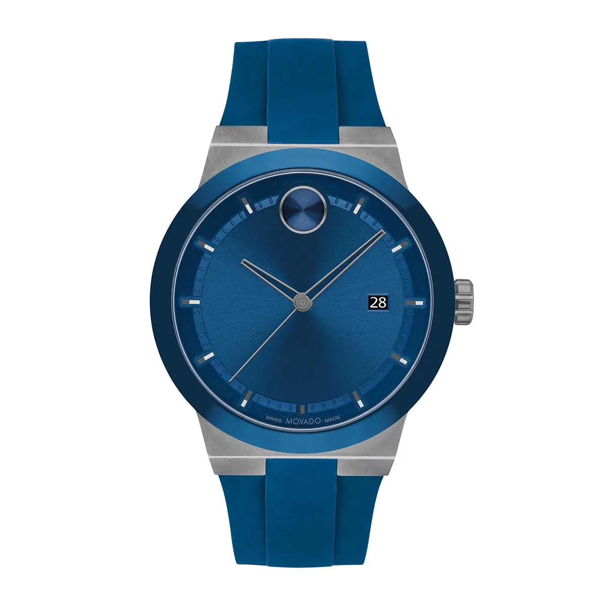 Reloj Movado análogo, para Hombre, tablero redondo color azul, estilo index, pulso silicona color azul, calendario