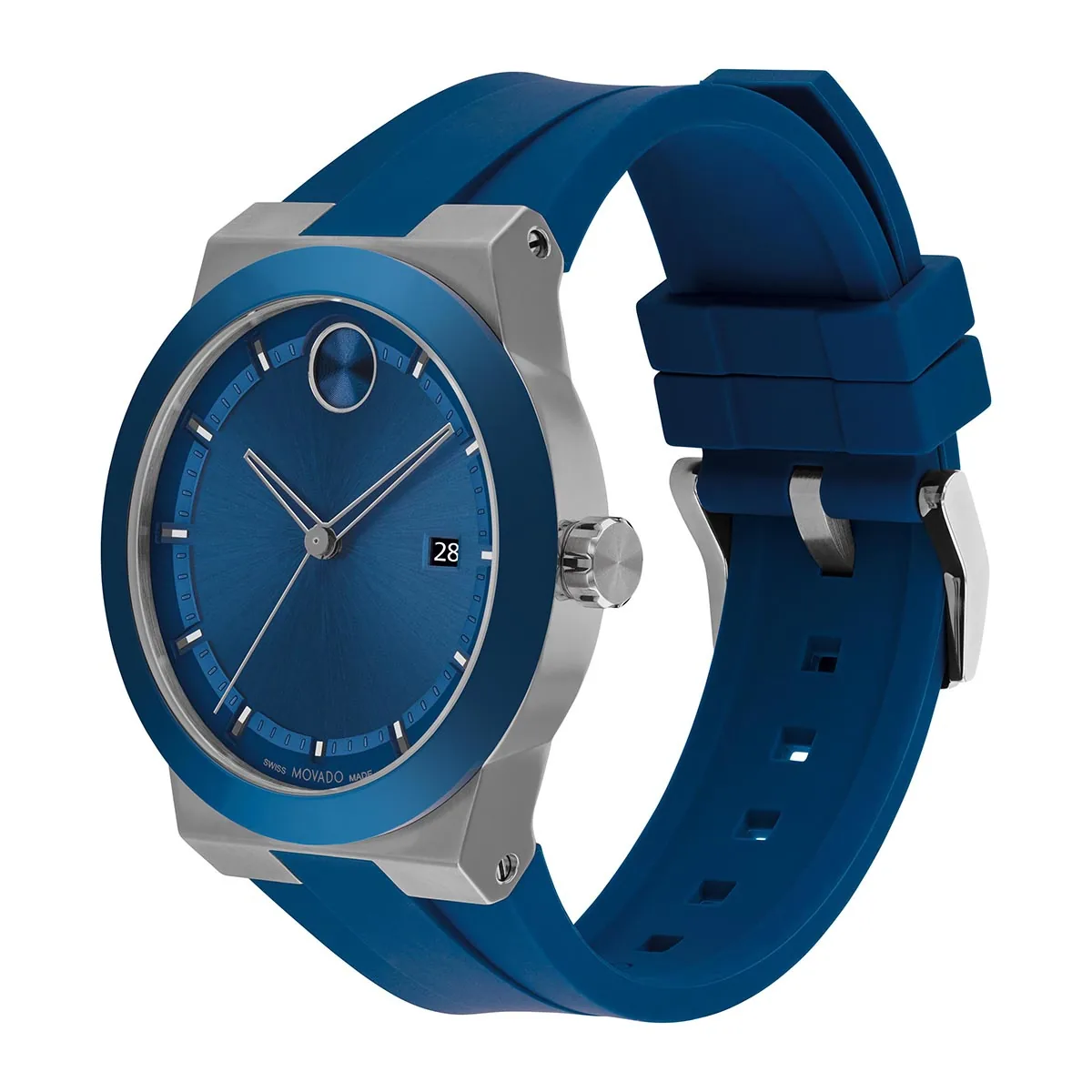 Reloj Movado análogo, para Hombre, tablero redondo color azul, estilo index, pulso silicona color azul, calendario