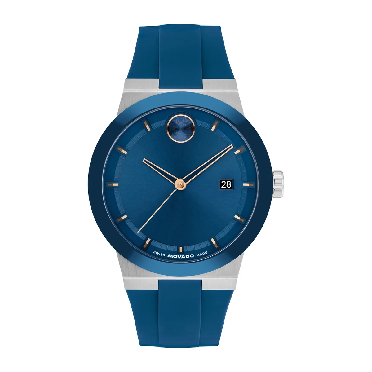 Reloj Movado análogo, para Hombre, tablero redondo color azul, estilo index, pulso silicona color azul, calendario
