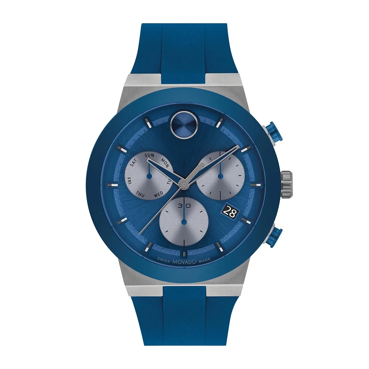 Reloj Movado analogo, para Hombre, tablero redondo colores azul y gris, estilo index, pulso silicona color azul, calendario, cronografo