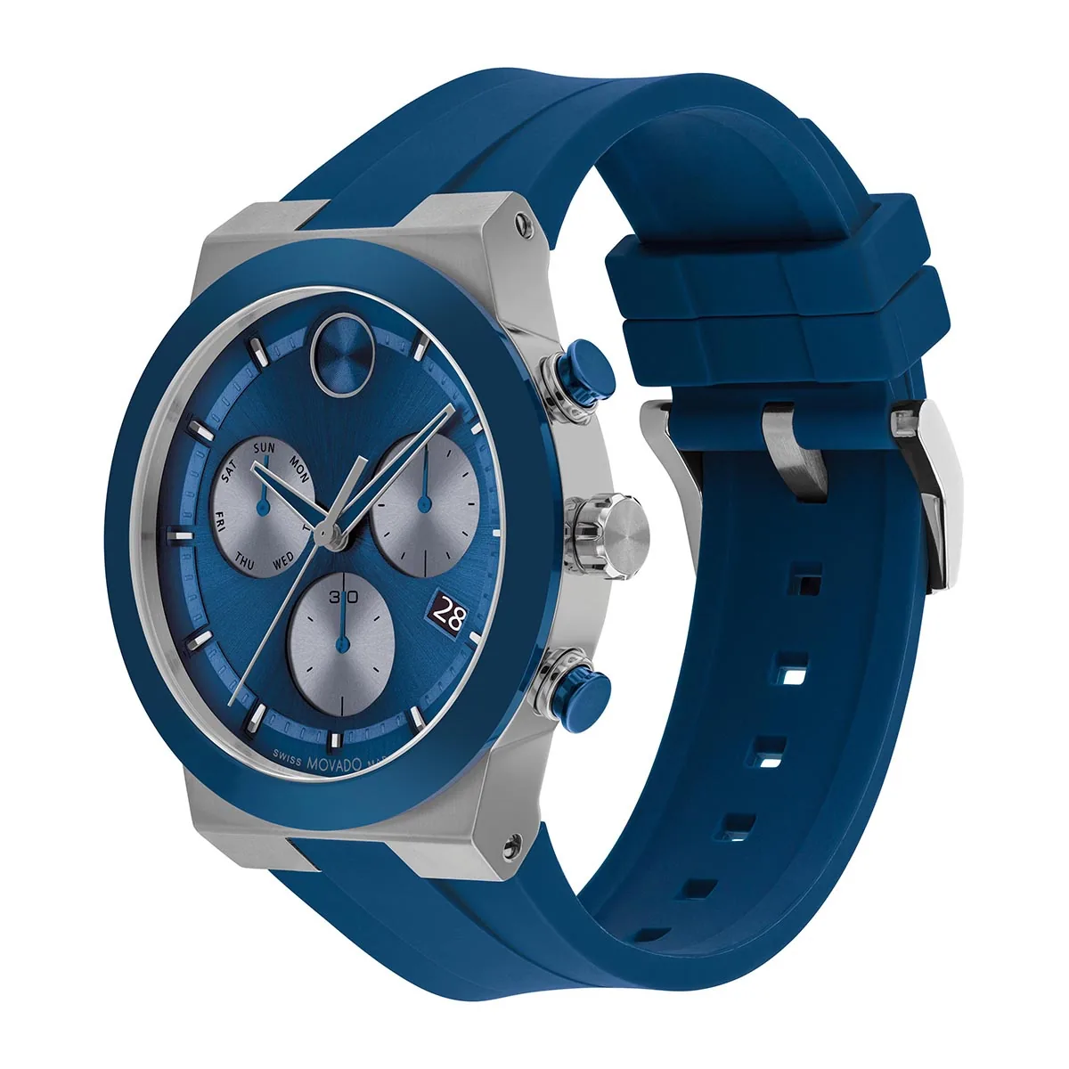 Reloj Movado analogo, para Hombre, tablero redondo colores azul y gris, estilo index, pulso silicona color azul, calendario, cronografo