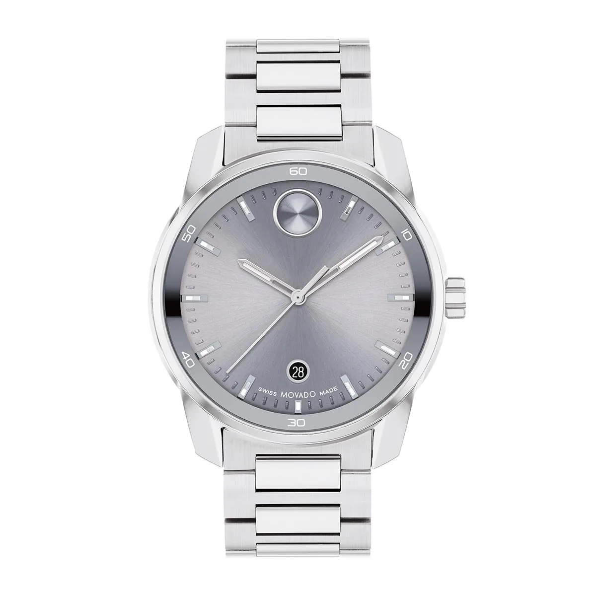 Reloj Movado análogo, para Hombre, tablero redondo color gris, estilo index, pulso acero color plateado, calendario