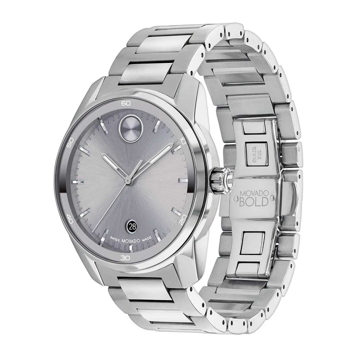 Reloj Movado análogo, para Hombre, tablero redondo color gris, estilo index, pulso acero color plateado, calendario