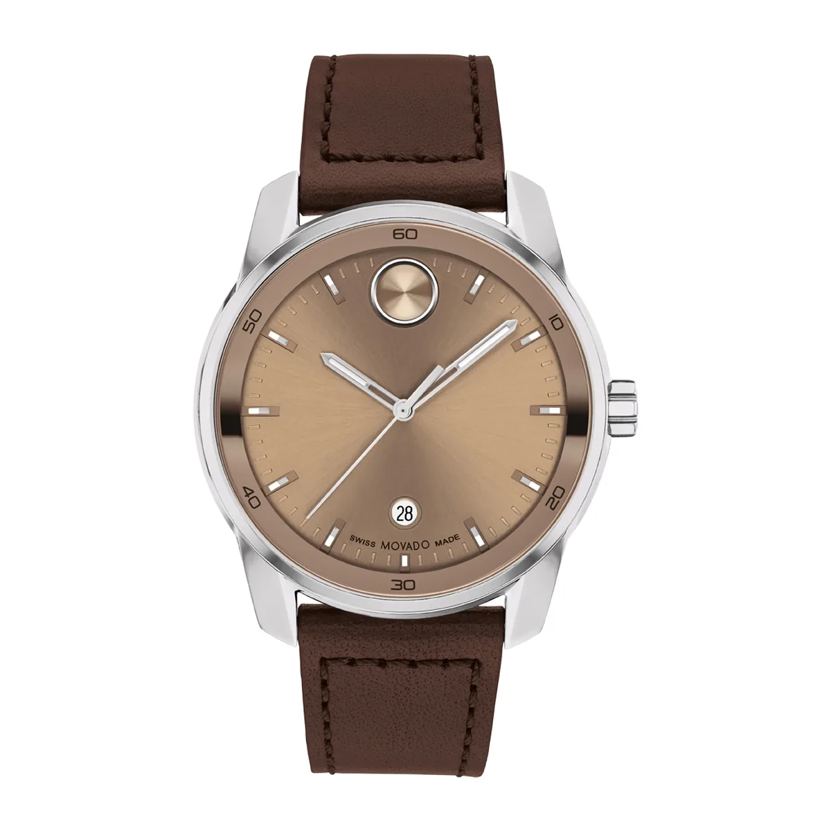 Reloj Movado análogo, para Hombre, tablero redondo color café, estilo index, pulso cuero color café, calendario
